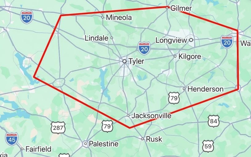 Map of the ProTechs service area in East Texas, outlined in red: from Mineola and Gilmer in the north, east toward Waskom, south to Henderson and Jacksonville, and west to near Lake Palestine, including Tyler, Longview, Lindale and Kilgore